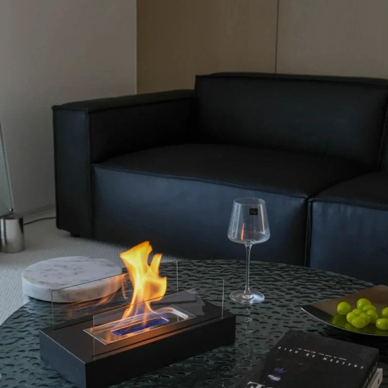 Tabletop Fireplace with Tempered Glass Panels and Steel Base