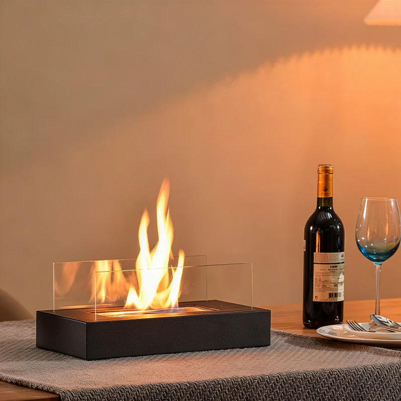 Tabletop Fireplace with Tempered Glass Panels and Steel Base