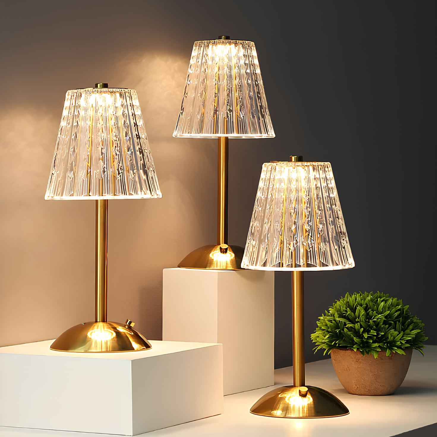 Crystal Gold Table Lamp with Touchscreen Controls and Rechargeable Battery