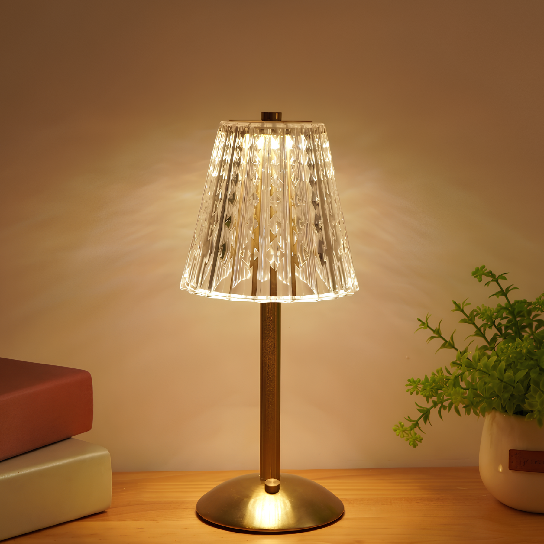 Crystal Gold Table Lamp with Touchscreen Controls and Rechargeable Battery