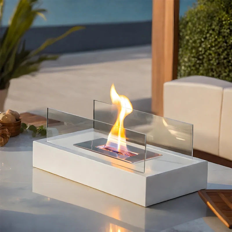 Tabletop Fireplace with Tempered Glass Panels and Steel Base
