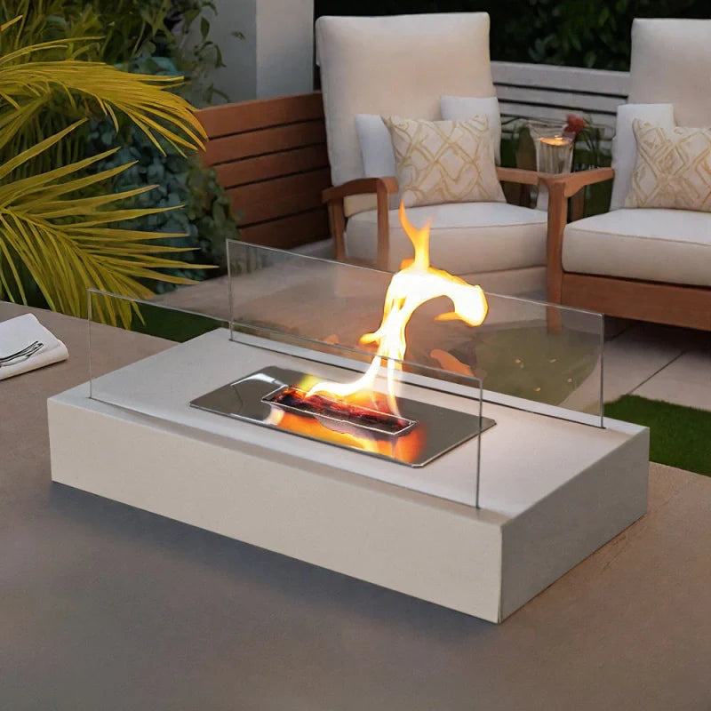 Tabletop Fireplace with Tempered Glass Panels and Steel Base