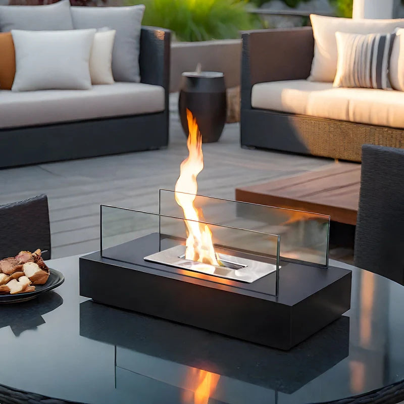 Tabletop Fireplace with Tempered Glass Panels and Steel Base