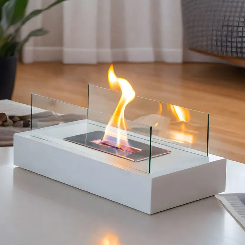 Tabletop Fireplace with Tempered Glass Panels and Steel Base