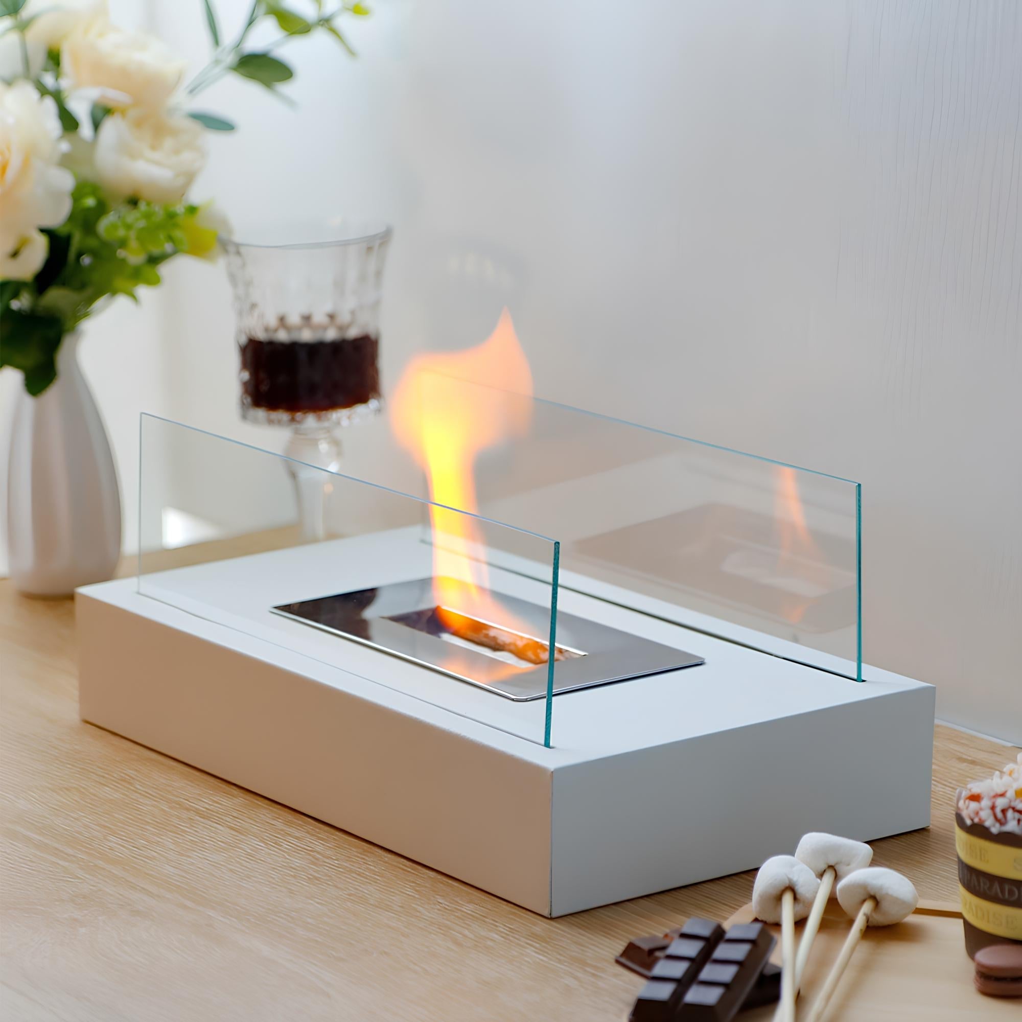 Tabletop Fireplace with Tempered Glass Panels and Steel Base