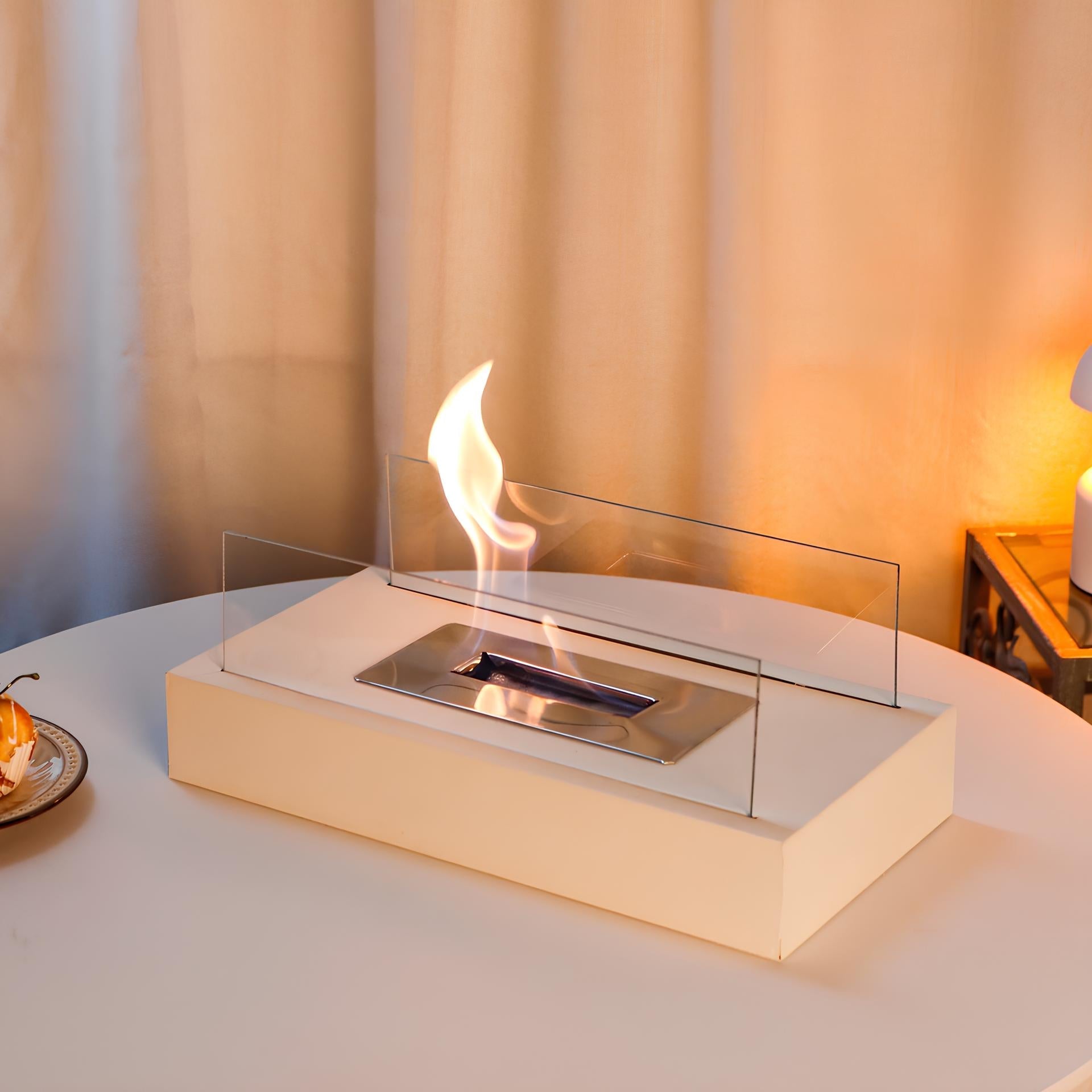 Tabletop Fireplace with Tempered Glass Panels and Steel Base