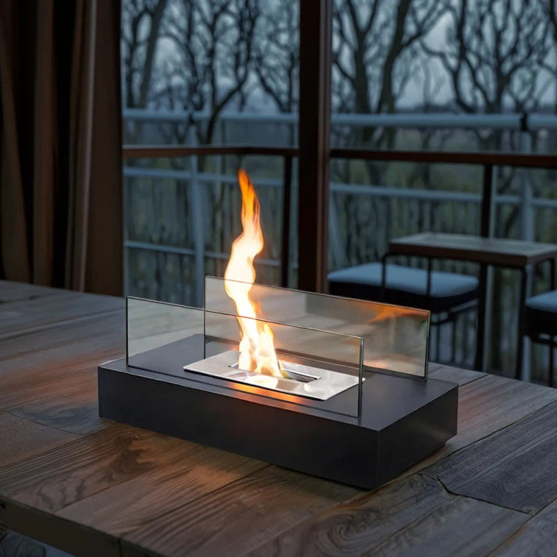Tabletop Fireplace with Tempered Glass Panels and Steel Base