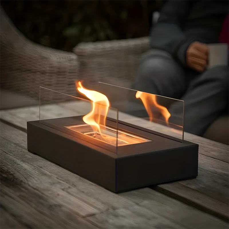 Tabletop Fireplace with Tempered Glass Panels and Steel Base