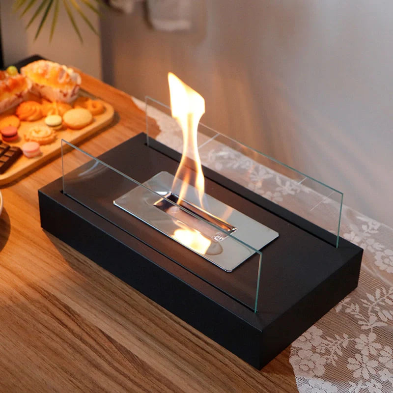 Tabletop Fireplace with Tempered Glass Panels and Steel Base