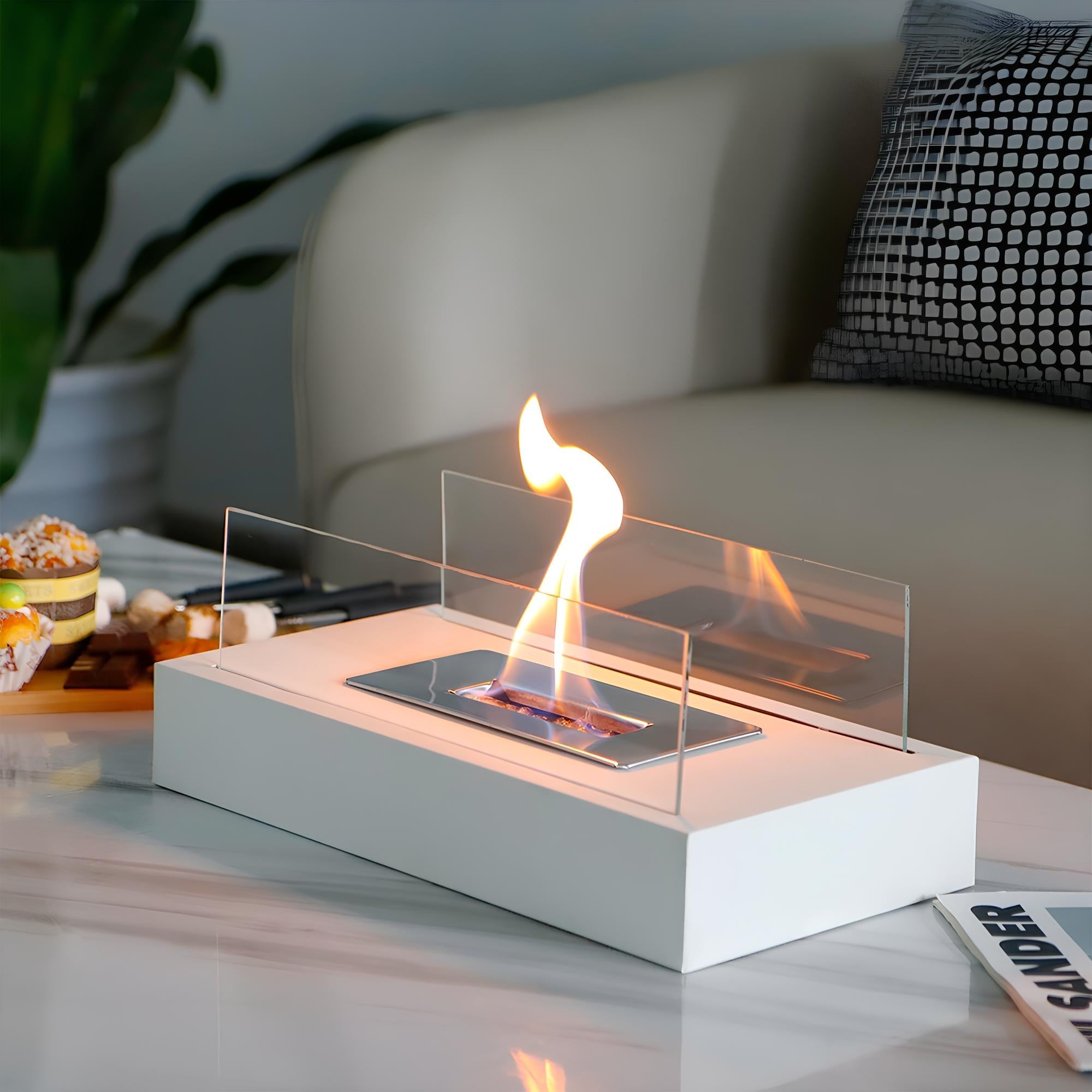 Tabletop Fireplace with Tempered Glass Panels and Steel Base