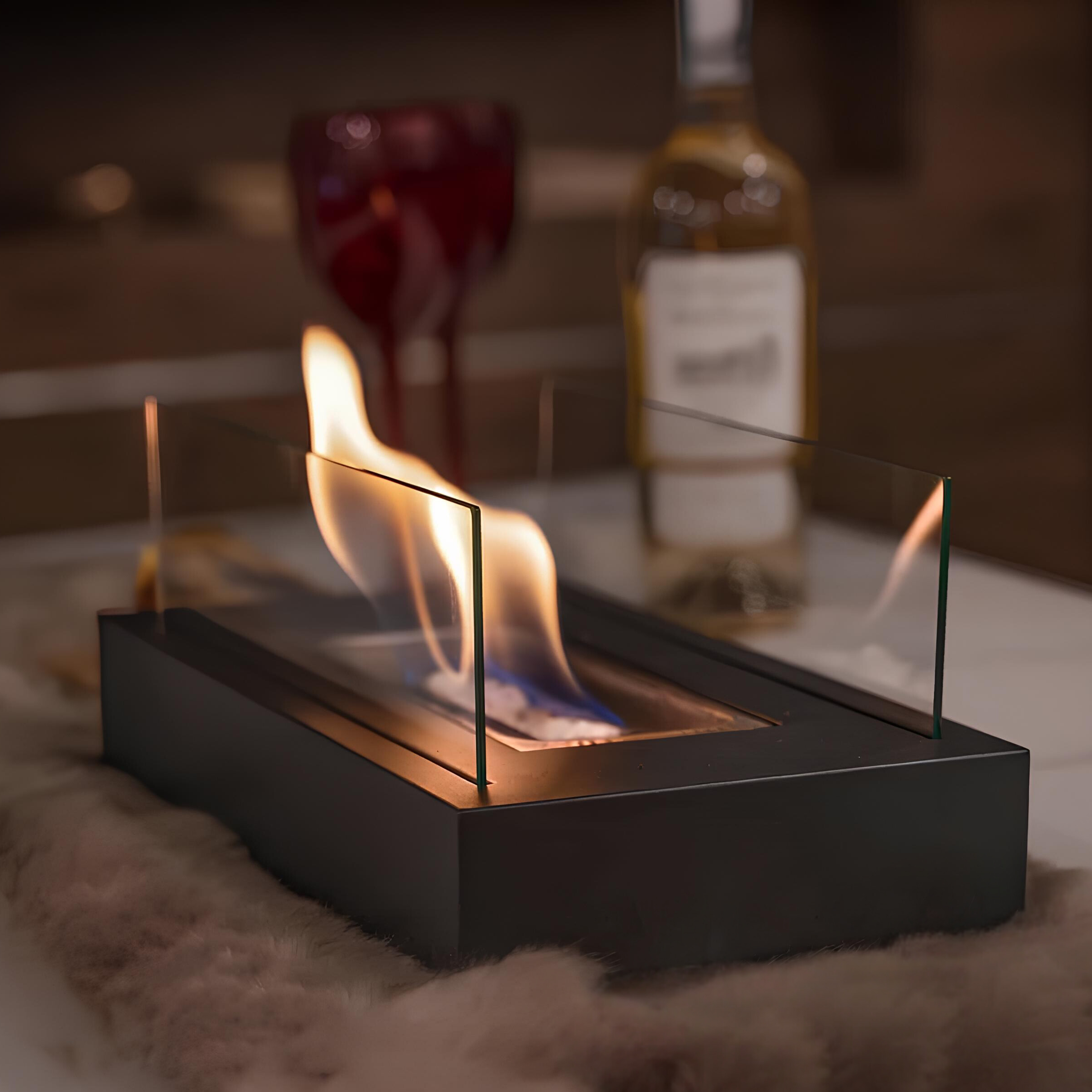 Tabletop Fireplace with Tempered Glass Panels and Steel Base
